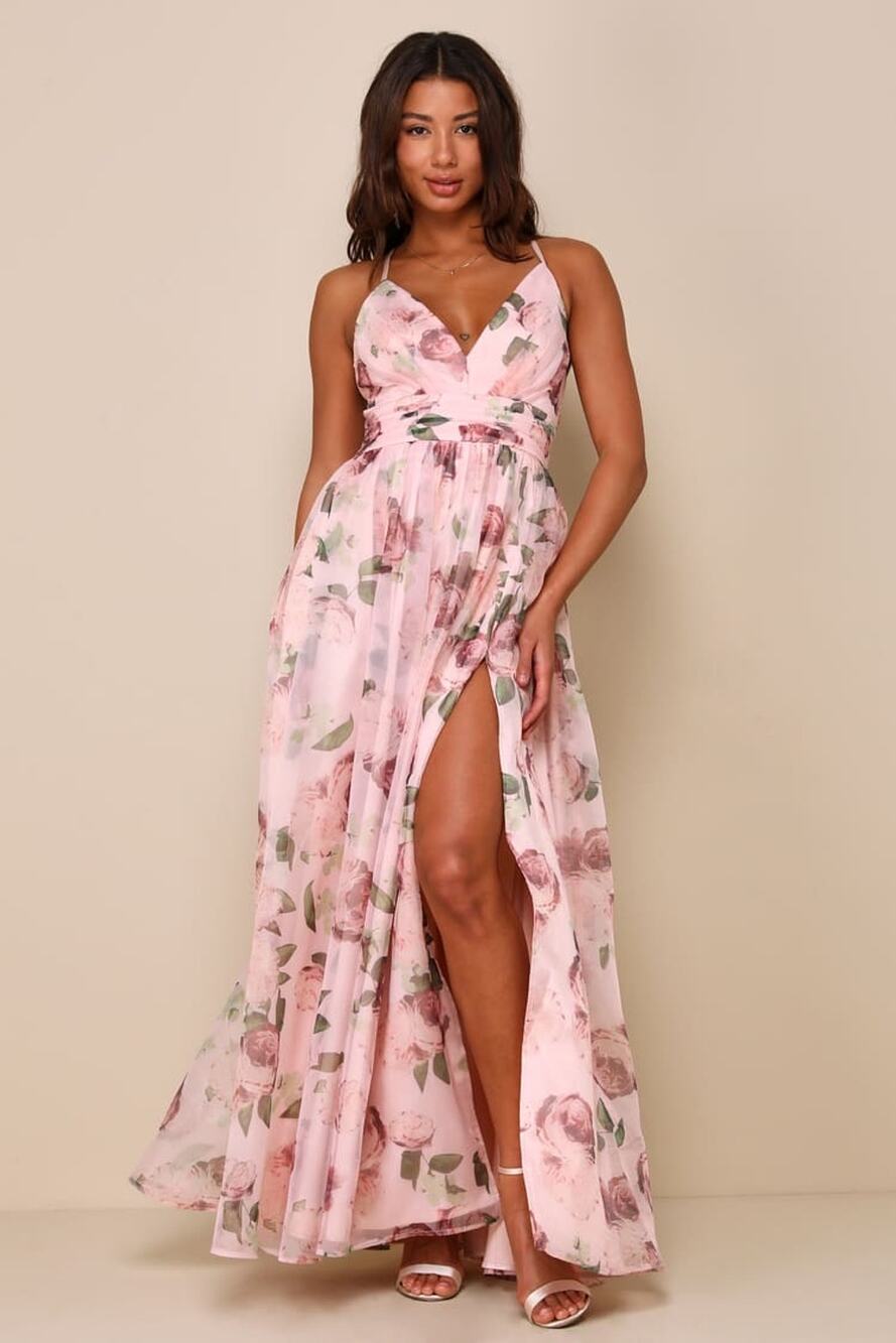 NWOT Lulus Romance That Wows Blush Floral Print Organza Maxi Dress Gala XXL